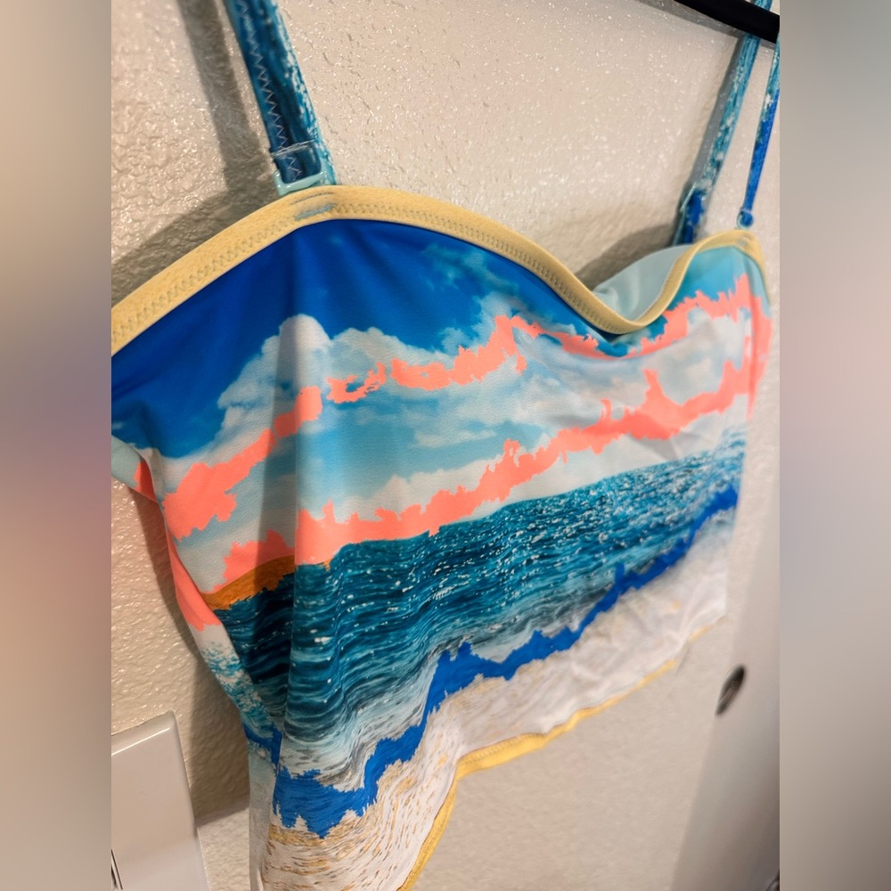 Ocean Print Bandeau Tankini Top in Blue, Coral & Yellow by Aerie. Size Large.